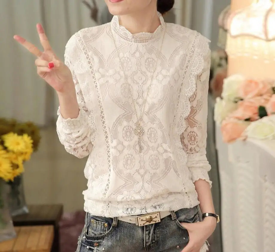 Весенние Кружевные блузы Рубашки Топы новые Мода 2017 г. шифоновое кружевное