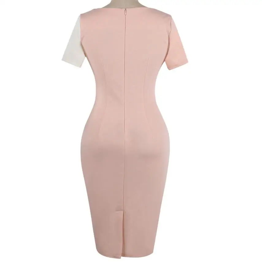 Женщины большого размера платья элегантные оптические иллюзии Цветные Блоки контраст лоскутное o-образным вырезом Bodycon Работа повседневное офисное платье карандаш@ T