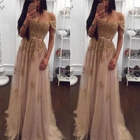 champagne aribic prom dresses long off the shoulder tulle vintage evening gown a line floor length formal party gowns cheap
