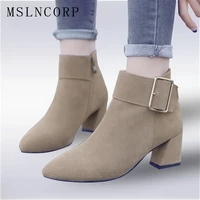 plus size 34 43 women fashion buckle side zipper genuine leather ankle boots comfortable thick high heels spring autumn shoes