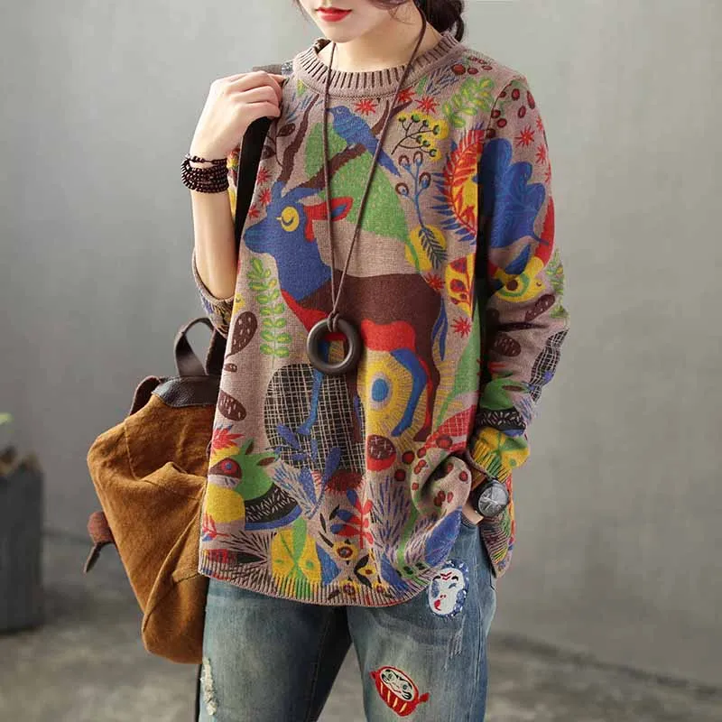 as pattern Harajuku топ с животным оленем, женский свитер, пуловер с круглым вырезом, джемпер с длинным рукавом, Весенняя вязаная винтажная Повседневная Верхняя одежда - Цвет: as pattern