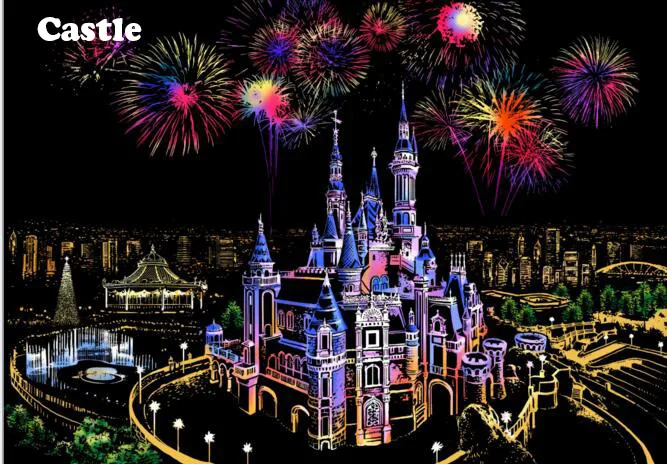 7 Castle 40*28,5 см царапины вид на ночной город скребковая Живопись Дети Городской Ночной вид царапины картины бумажная живопись подарок на день рождения - Цвет: 7 Castle