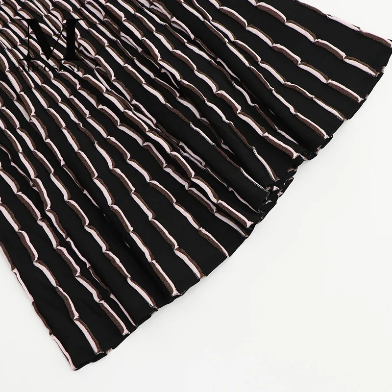 

italianism High-end quality 2019 summer new deep V-neck matching gold silk Jacquard high waist slim wavy stripe knit dresses S-L