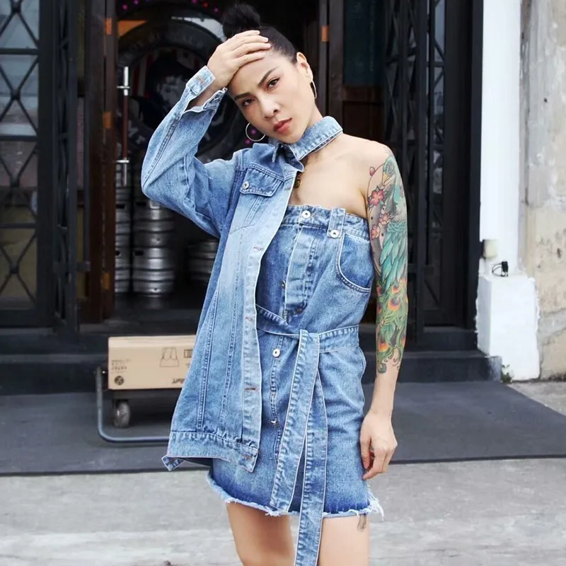 Blue dress TWOTWINSTYLE летние джинсовые платья для женщин с лацканами на одно плечо с длинным рукавом Высокая талия Бандажное женское платье женская мода - Цвет: Blue dress
