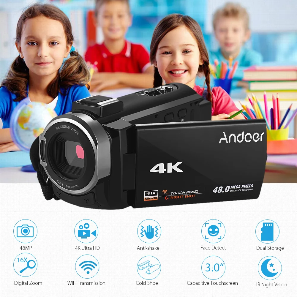 Andoer 4K HD Цифровая видеокамера DV сенсорный экран WiFi ИК Ночное Видение с 2 шт.