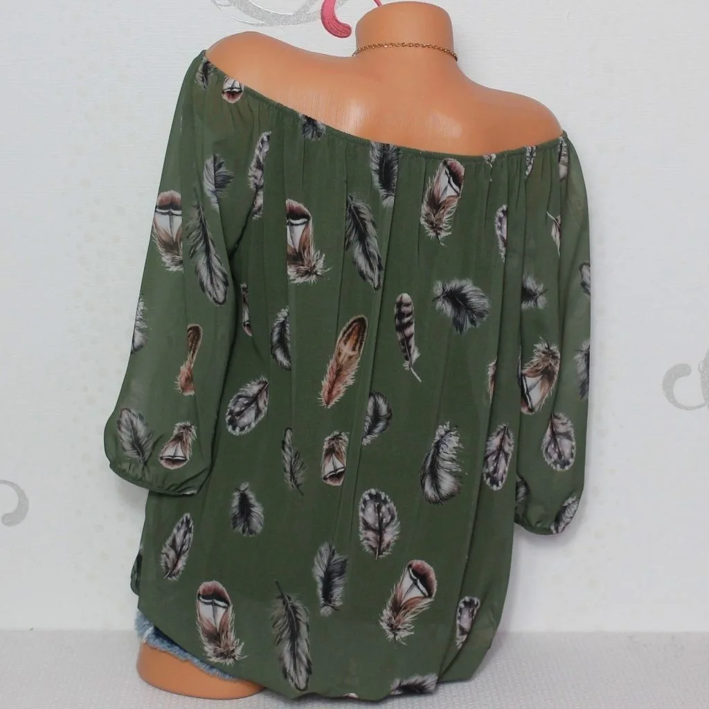 Мода 5XL Плюс Большие Размеры Женские Блузки Летние Топы Новые Досуг Блузка Белый Свободный Перо Печати V-образным Вырезом Рубашки с Половиной Рукава