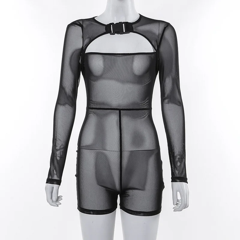 BOOFEENAA черный сетчатый комбинезон с пряжкой полый длинными рукавами модная одежда