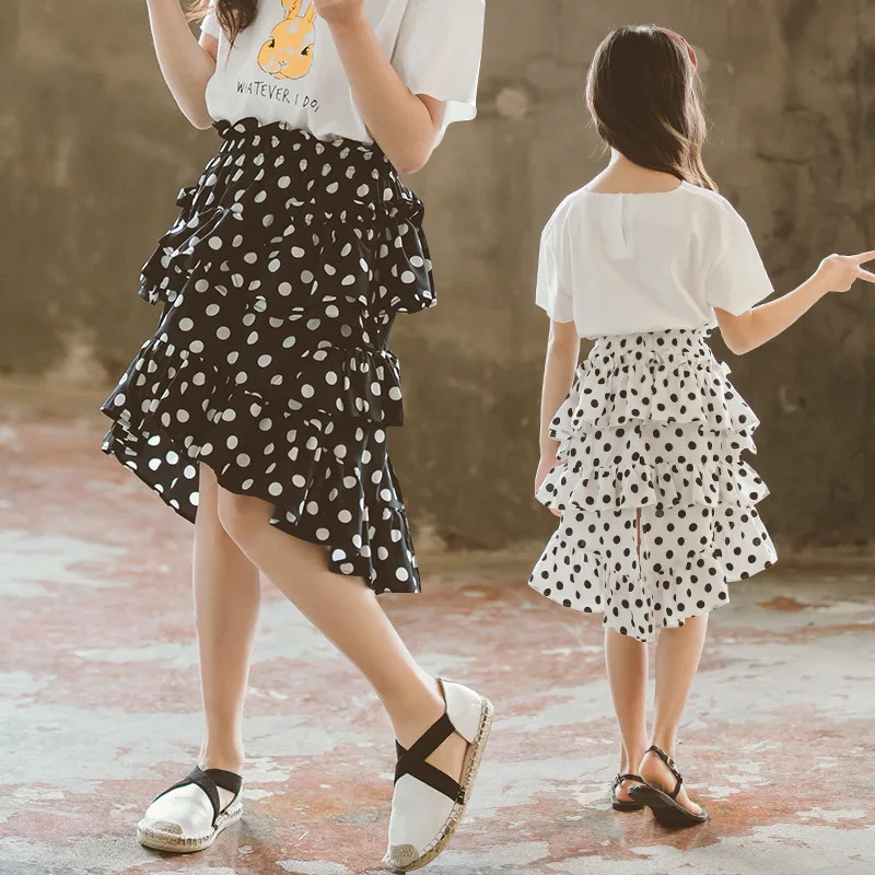 Винтажная Асимметричная длинная юбка в горошек одежда для девочек-подростков 6-14