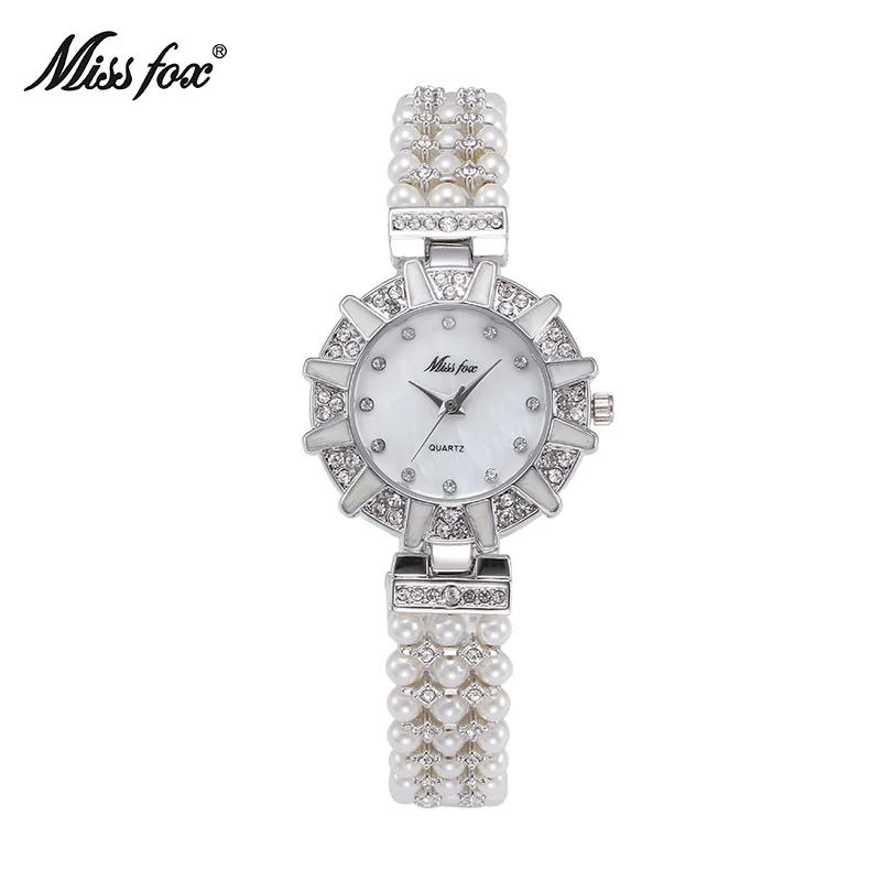 Женские кварцевые часы Miss Fox брендовые с жемчугом стразы под платье модный