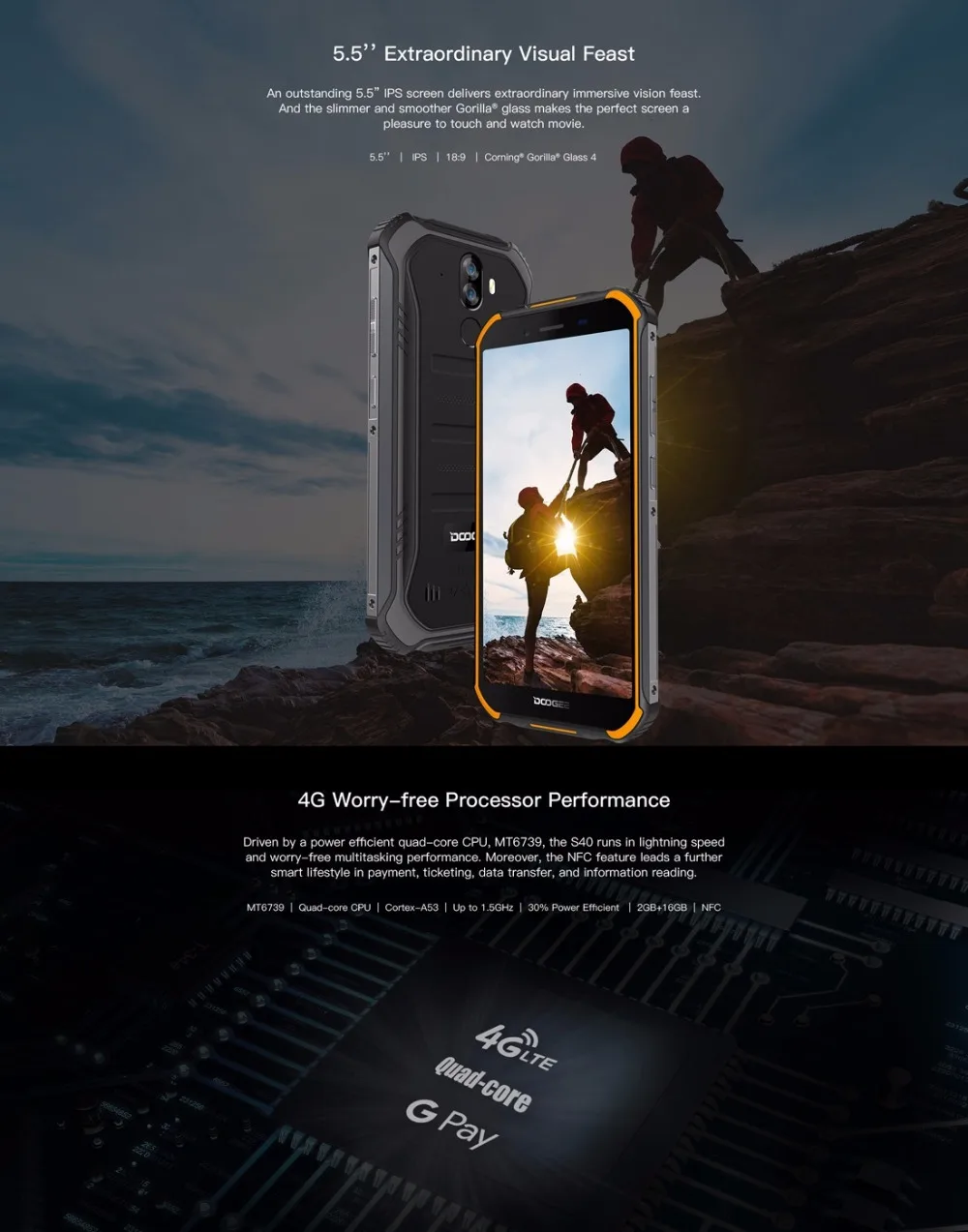 DOOGEE S40 4G Network Rugged Mobile Phone 5.5" Display 4650mAh MT6739 Quad Core 3GB RAM 32GB ROM Android 9.0 8.0MP IP68/IP69K
DOOGEE S40 4G Network Rugged Mobile Phone 5.5" Display 4650mAh MT6739 Quad Core 3GB RAM 32GB ROM Android 9.0 8.0MP IP68/IP69K
