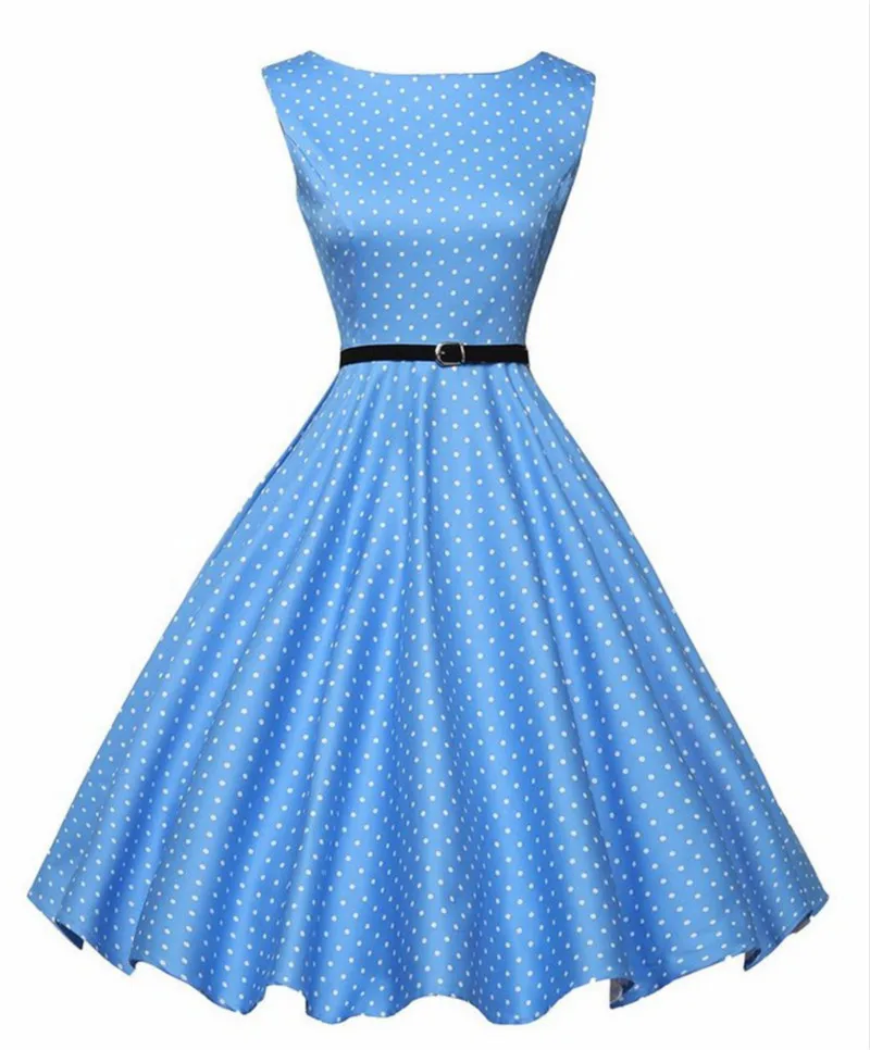 2018 Women Summer Dress Blue Audrey Hepburn Robe Printed Dot Swing Vintage Dresses 50s 60s Rockabilly Vestidos With Belt | Женская