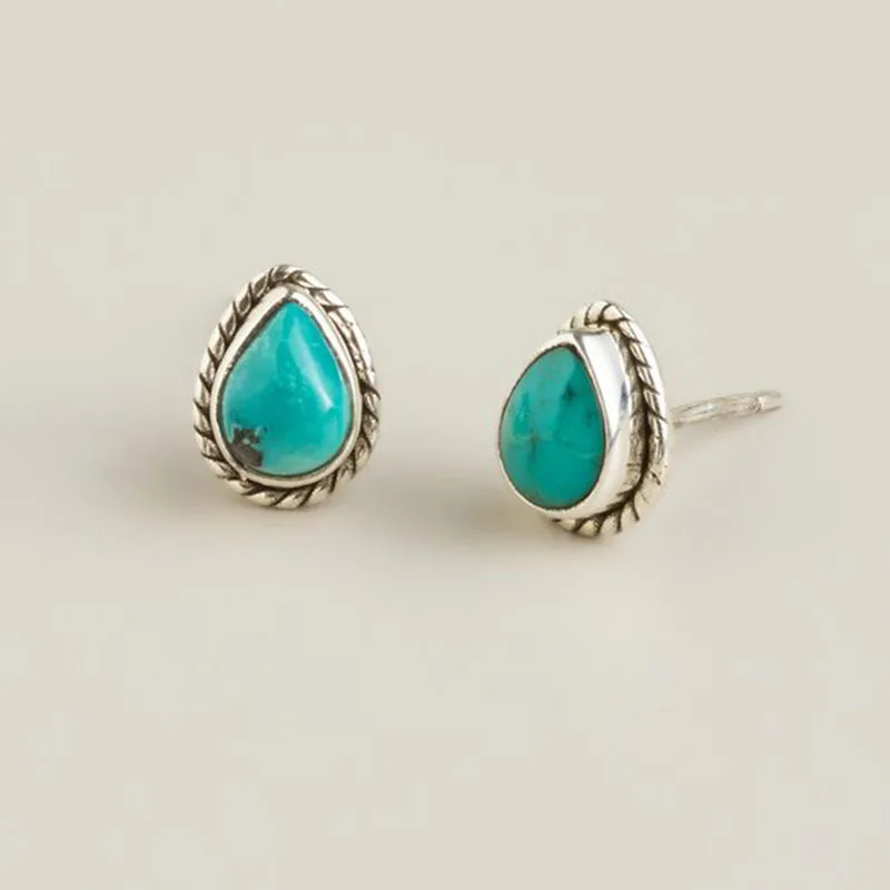 

Retro Water Drop Blue Stone Stud Earring Boho Jewelry Antique Sliver For Women Lady Accessories Party Gifts L5C143