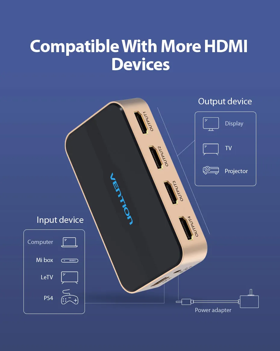 Vention HDMI 1x4 сплиттер 1 в 4 выход для TVbox PS3/4 ноутбука HDMI коммутатор адаптер с блоком питания HD коммутатор 4k X 2k 3D сплиттер