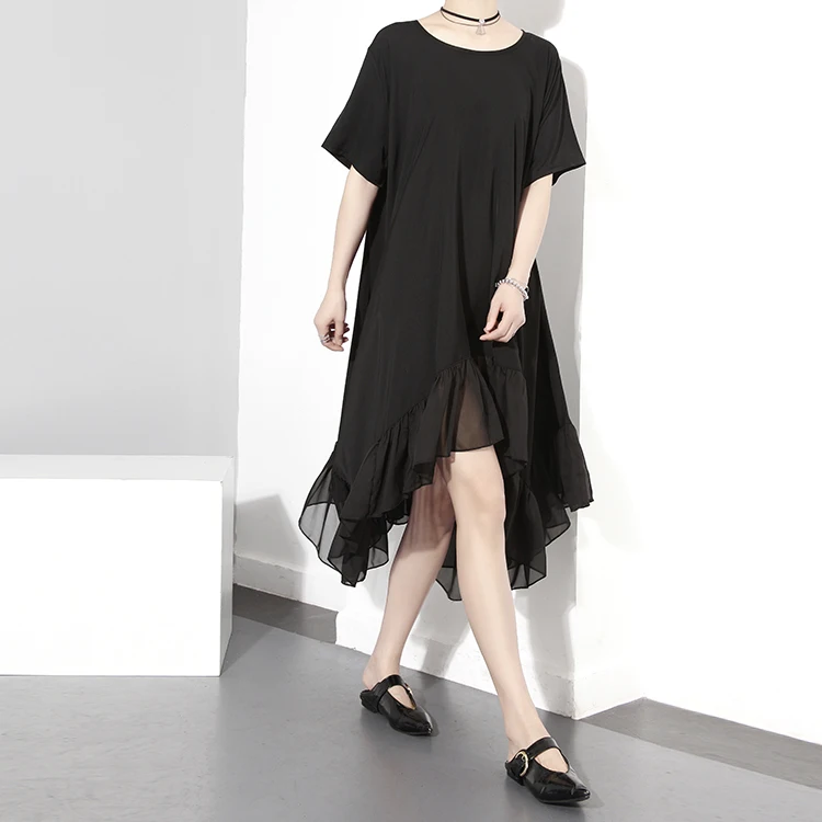 Платье женское шифоновое асимметричное модное свободное черное платье с принтом