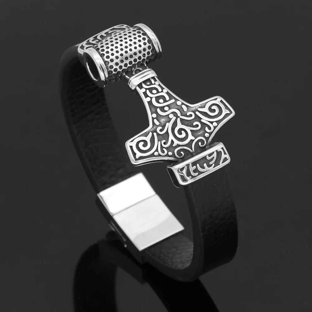 Мужской скандинавский браслет викингов Тор молот MJOLNIR из натуральной кожи