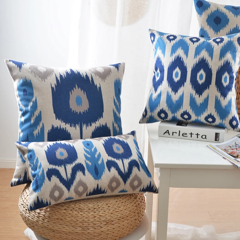 Льняная наволочка домашний декоративный чехол для подушки Ikat синий серый