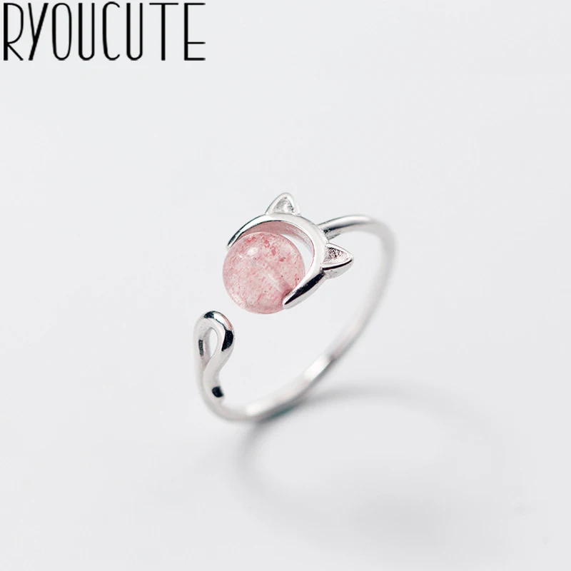 Женское кольцо с большим камнем RYOUCUTE в виде кошки из 100% настоящего серебра