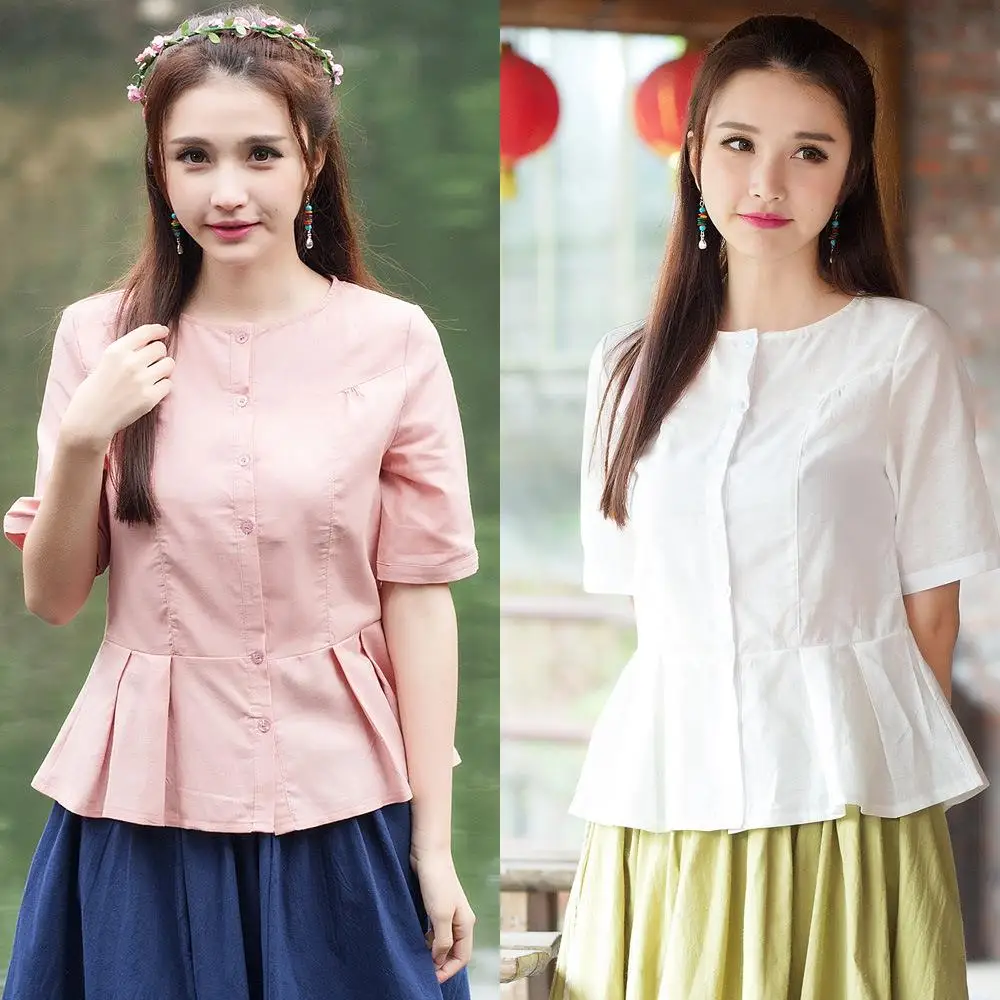 Лето Сладкий Розовый Рубашка Шею Половина Рукава Белье Кнопку Кардиган Блузка