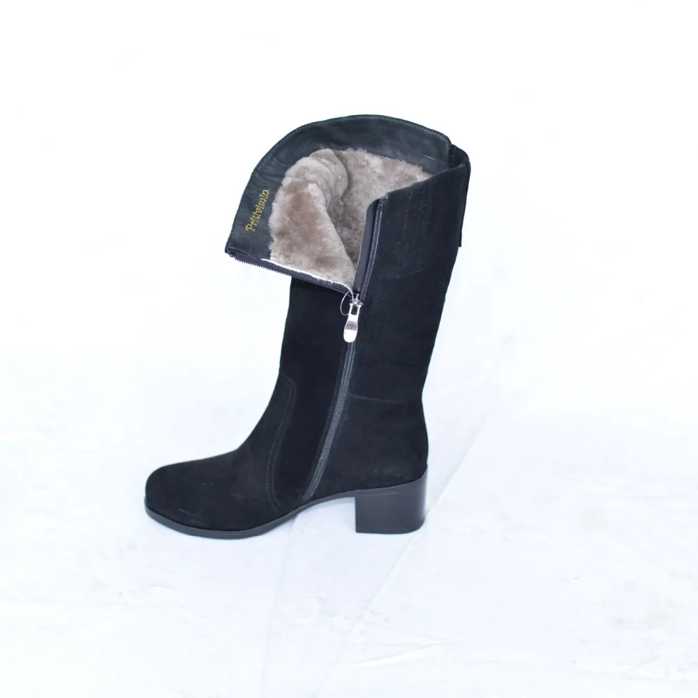 Женские теплые меховые сапоги до середины икры брендовые замшевые ручной работы