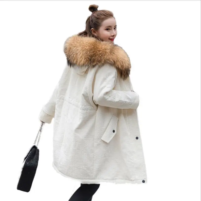 white fake fur Модное хлопковое пальто с воротником из натурального меха, женские парки, зимняя женская куртка, плотная теплая Вельветовая хлопковая верхняя одежда, пальто L1502 - Цвет: white fake fur