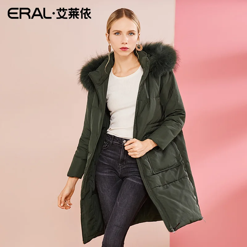 ERAL Для женщин пальто зимнее Термальность роскошный енот меховой воротник с