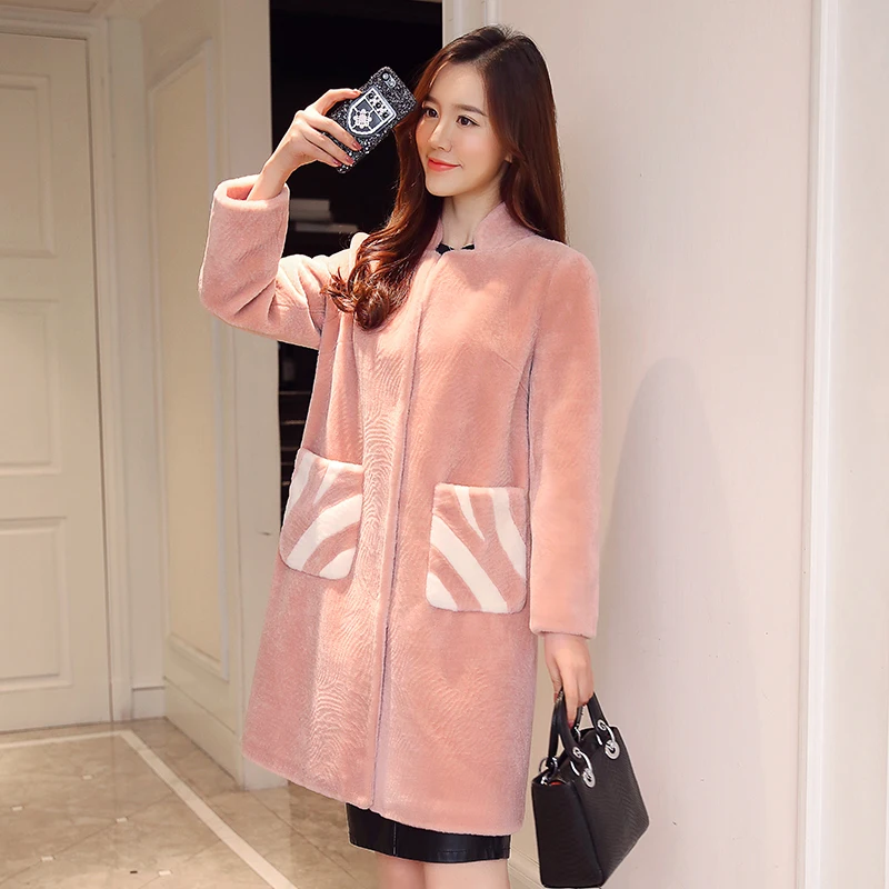 Pink AYUNSUE Натуральная Овечья овчина шуба женская зимняя куртка женская одежда натуральная шерсть шубы длинная теплая верхняя одежда A538 - Цвет: Pink