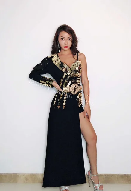 New Design Golden Mirror Black Playsuits Long Windbreaker One Shoulder Jacket Singer Hosting Master of Ceremony DJ Stage Costume 1