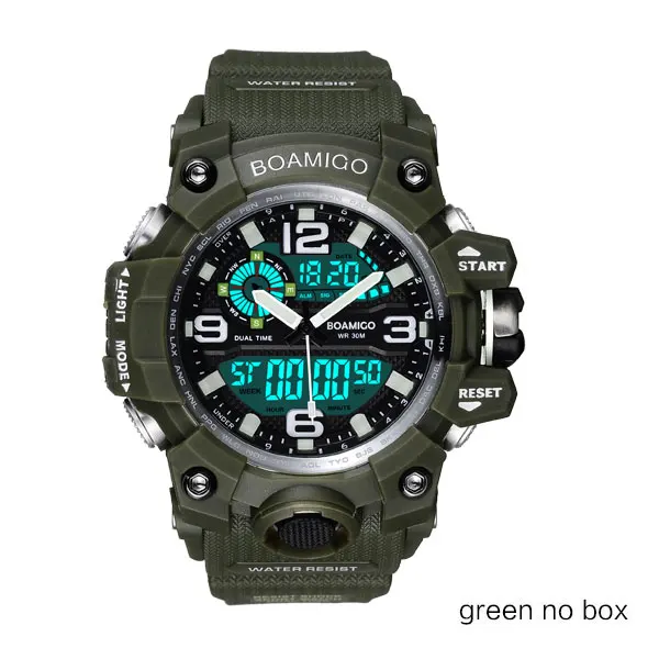 green no box Мужские спортивные часы BOAMIGO, брендовые, цифровой, светодиодный, кварцевые, резиновые, военные, наручные часы, водонепроницаемые, аналоговые, мужские часы, Relogio Masculino - Цвет: green no box