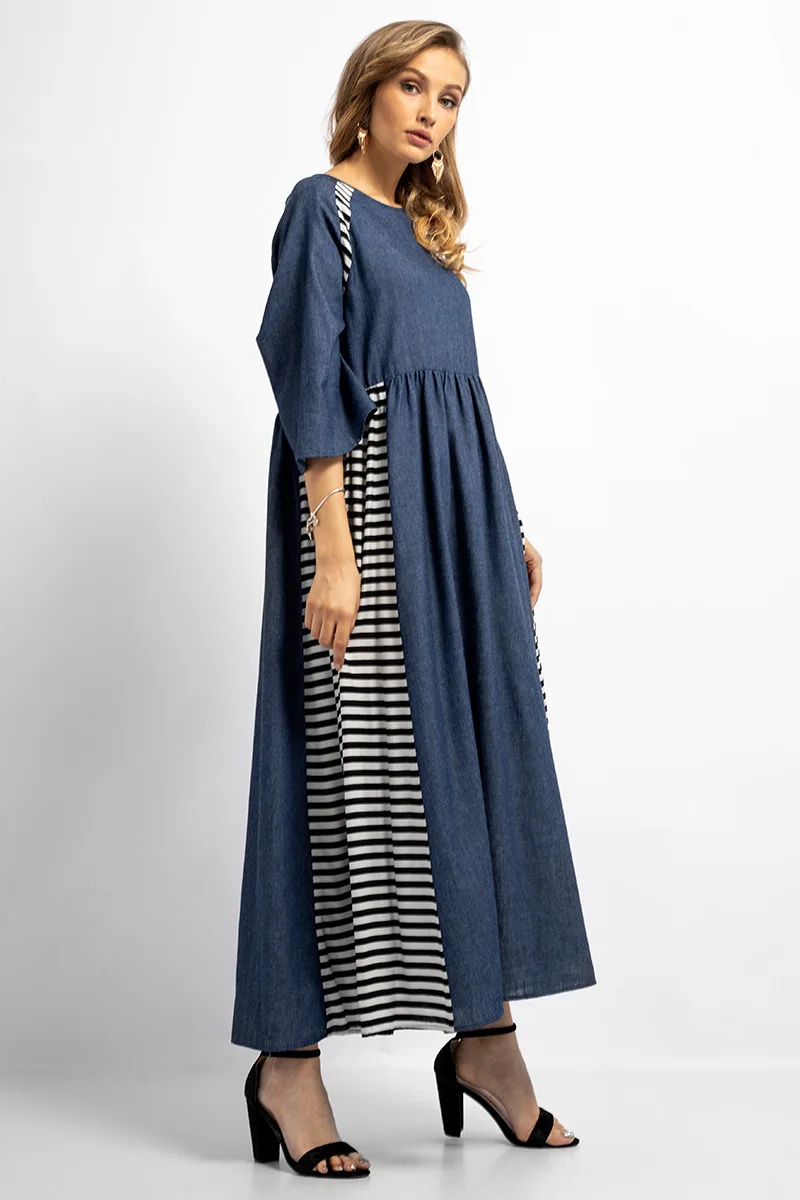 Джинсовое синее платье с вышивкой в полоску Модное Длинное одежда халаты женская