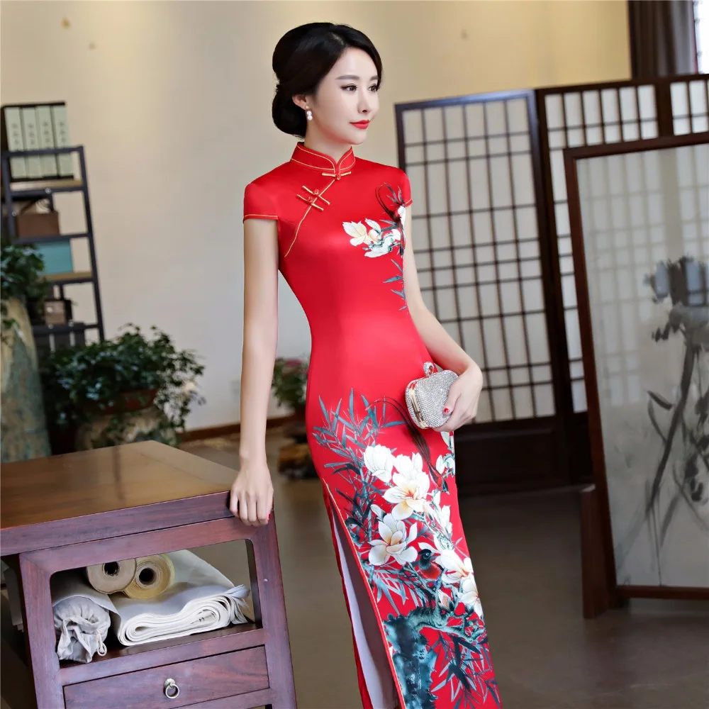 Шанхай история искусственного шелка Qipao Платье длинное Cheongsam национальный тренд платья короткий рукав тонкий Традиционный китайский платье для женщин