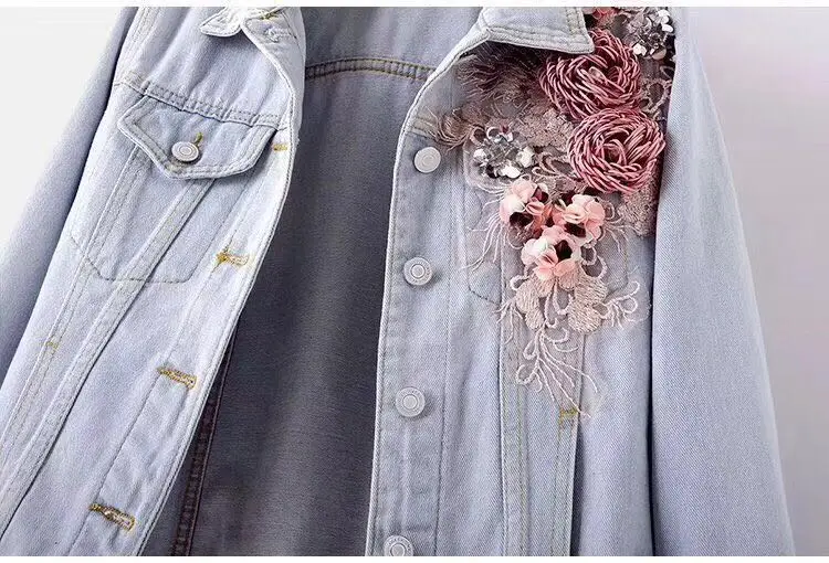 Осеннее женское короткое джинсовое пальто с вышитыми объемными цветами, бусинами и жемчужинами, женская джинсовая куртка с длинным рукавом xineandi