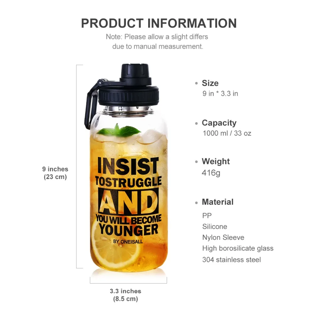 X&ampW Sports Glass Water Bottle with Straw 1000ml Borosilicate Tea Filter and Cloth Sleeve for Outdoor Hiking | Дом и сад