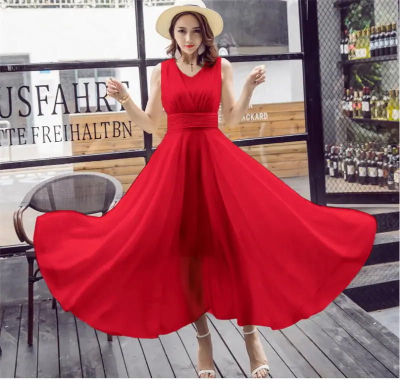 Red Розовое женское платье Vestidos, повседневное шифоновое длинное платье макси, элегантное пляжное вечернее платье большого размера, белая женская одежда Boho Q1120 - Цвет: Red