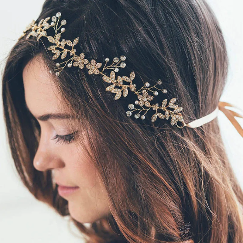 

Baroque Pearl Crystal Rhinestone Headband Bridal Girl Wedding Headband for Bride Tiara Gold Leaf Hair Accessories Jewelry
