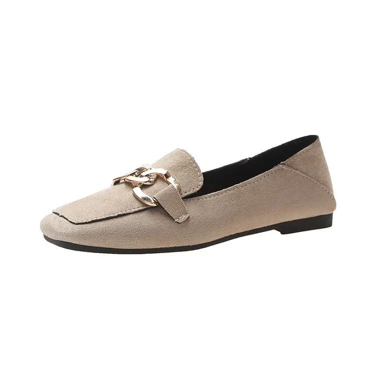 beige flock Мокасины без застежки на плоской подошве; женские эспадрильи из искусственной кожи и флока с цепочками; гибкие Мокасины с квадратным носком; femme; две модели; женские туфли без задника в Корейском стиле - Цвет: beige flock