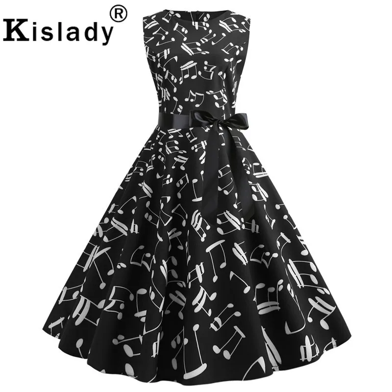 Summer Women's Butterfly Music Note Print Vintage Dress Striped Sleeveless Swing Black Casual Plus Size Vertidos | Женская одежда