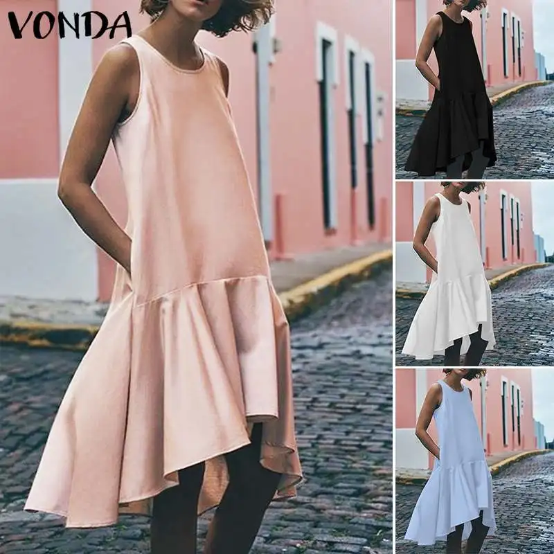 VONDA, летнее платье, женское, сарафан,, сексуальное, без рукавов, с асимметричным подолом с оборками, подол, жилет, платья, Пляжное, длинное, топ размера плюс, повседневное, Vestido
