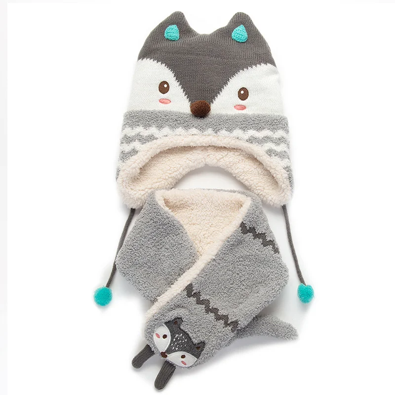 3 шт./партия, детская зимняя шапка, шарф и перчатки, детская зимняя шапка с лисой, Детский Теплый шарф для мальчиков, костюм, Шапка-бини, шарфы для мальчиков и девочек