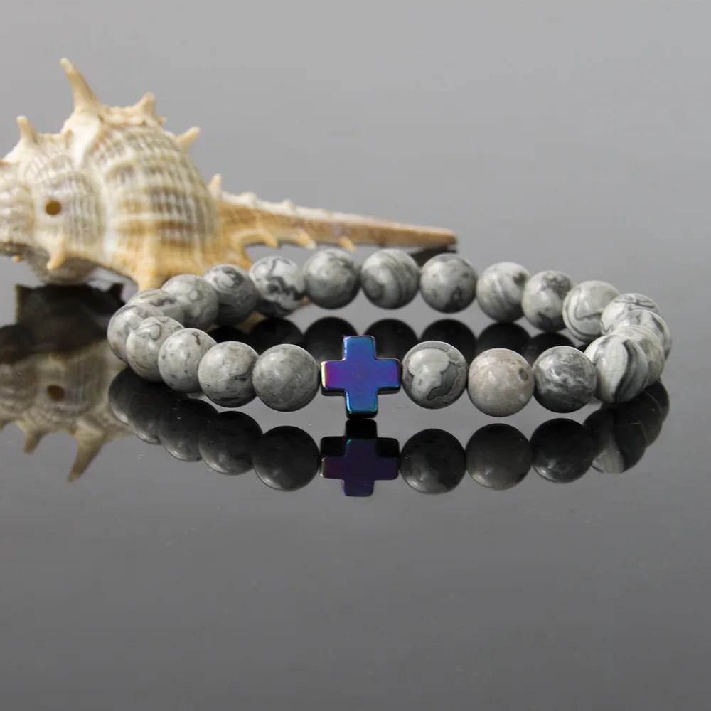 Новинка 22016 браслет из натурального серого камня 8 мм с бусинами в виде карты