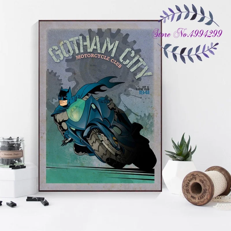 Бэтмен Готэм Сити мотоклуб мультфильм плакат холст Художественная печать