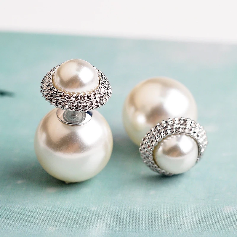 USTAR simulated pearl stud earrings for women Silver color double side female earrings Fashion Jewelry Brincos Bijoux