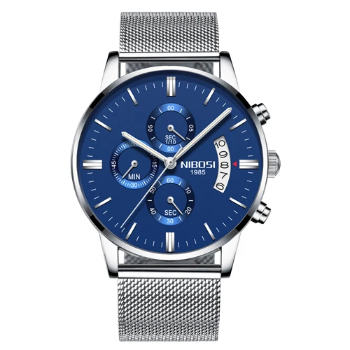Silver blue m Relogio Masculino Esportivo NIBOSI мужские часы модные с кожаным ремешком и сеткой из нержавеющей стали военные спортивные часы Saat - Цвет: Silver blue m