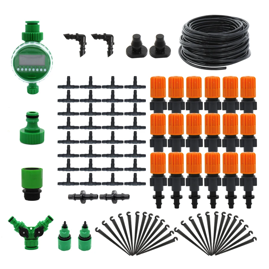 

MUCIAKIE 25M Automatic Garden Irrigation Cooling System Kits w/ New Adjustable Misting Nozzle with Barb Water Timer Tap Adaptor