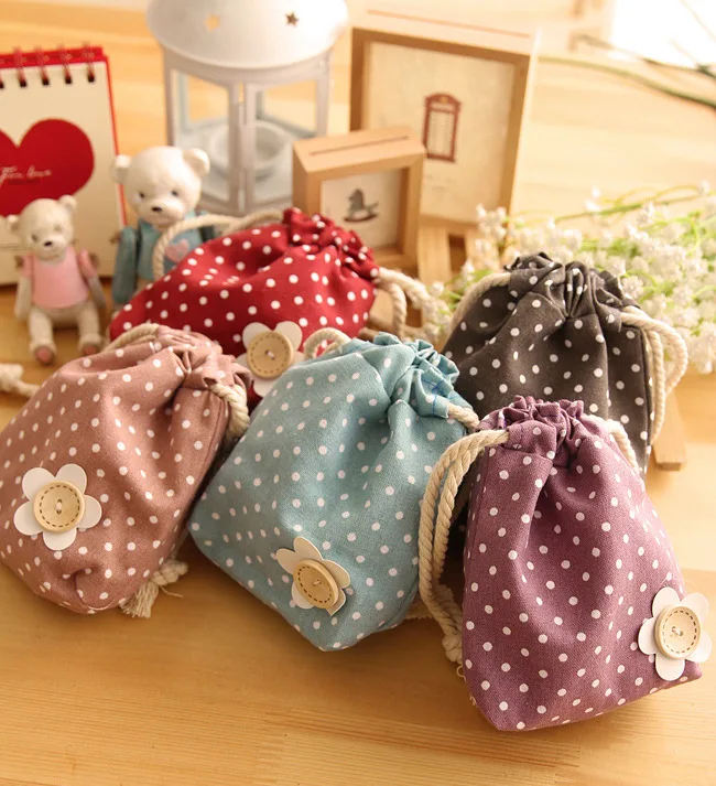 Свежая и прекрасная Подарочная сумка из хлопка льна на шнурке с узором в горошек