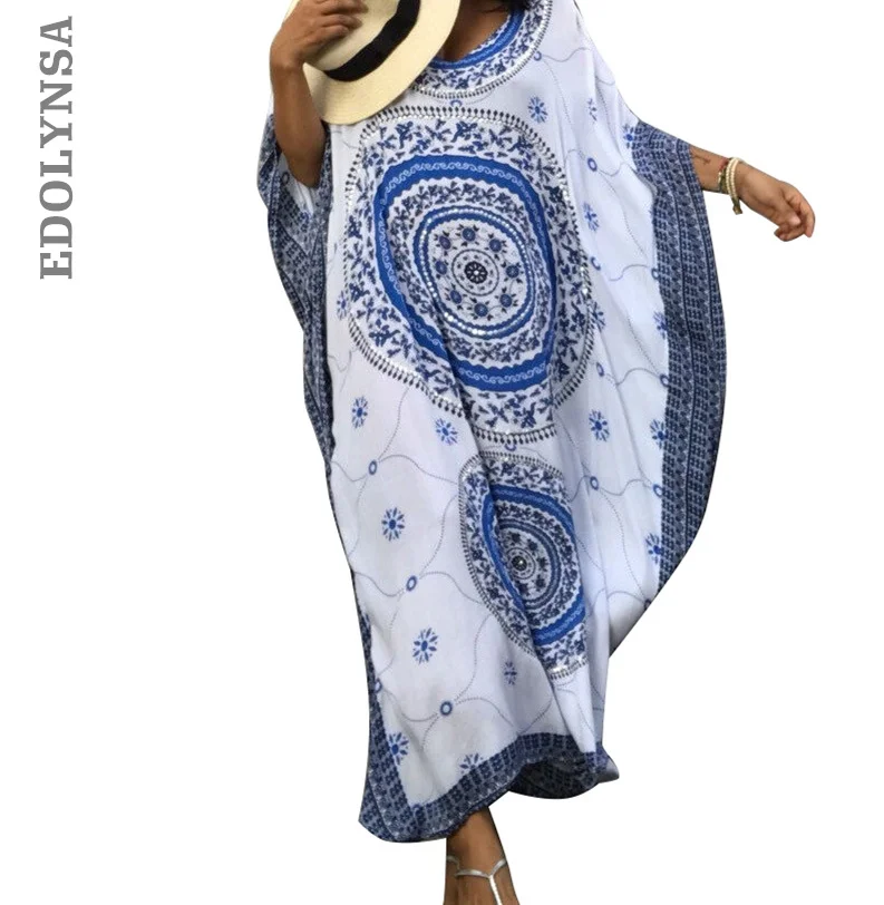 Женское летнее пляжное платье из хлопка с этническим принтом средней длины 2020