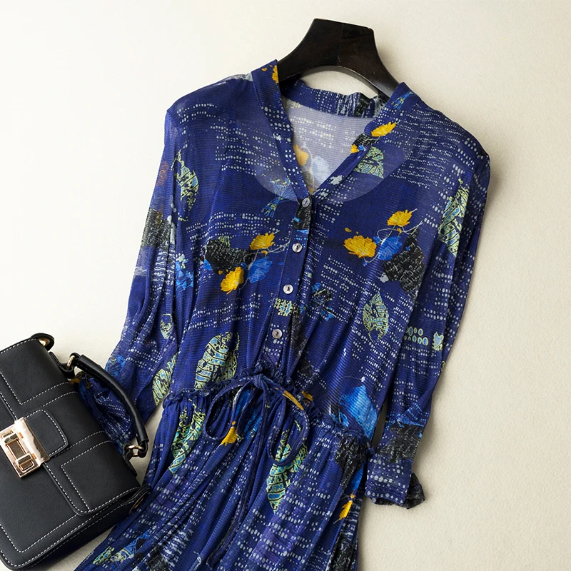 100% Silk Dress Single Layer Mesh Knitted Semi Cardigan V Collar Large one-piece dress | Женская одежда