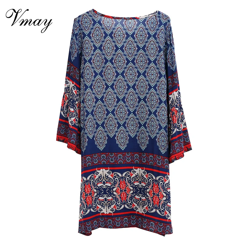 Vmay Для женщин Винтаж Boho Стиль Мини платья Новое поступление запястья рукава v