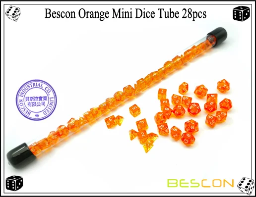 Bescon 28 шт. прозрачный оранжевый мини многогранные кости набор в трубе, Подземелья и Драконы RPG 4X7 шт., мини игральная кость из драгоценного камня набор
