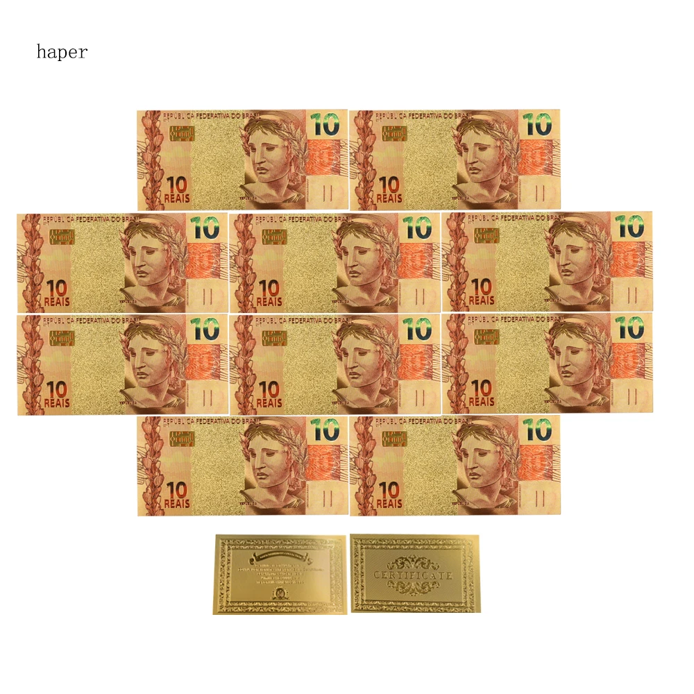 

New Style 10pcs Brazil 10 Reais Gold Banknote Colorful World Money for Souvenirs, Golden Bank Notes for Decoration Crafts Gifts