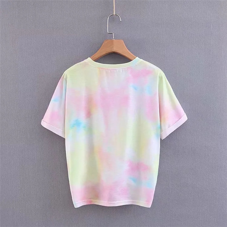 2019 European and American street fashion summer new women's round neck short-sleeved loose thin front tie knot dyed T-shirt | Женская